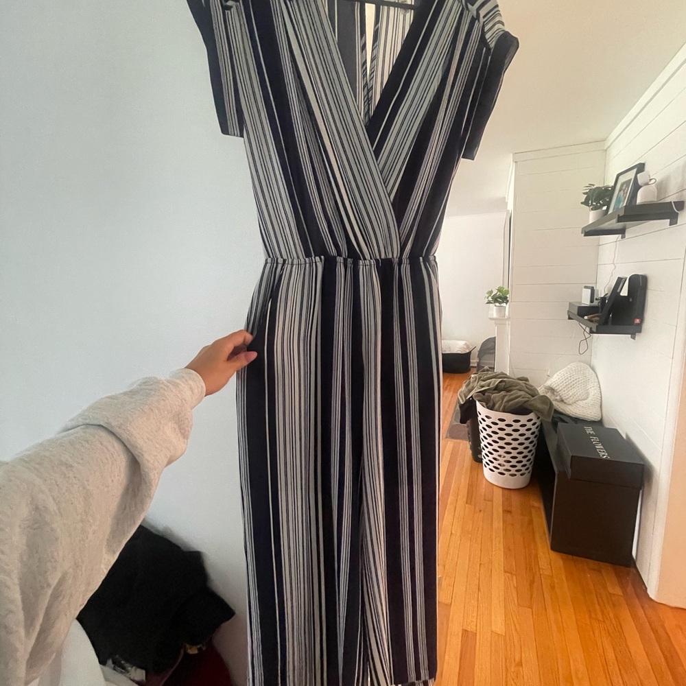Monteau navy and White Wrap Tie Front jumpsuit